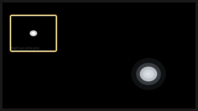 Bright spot visible on a black screen — a glowing white area that should be dark LCD screen showing a bright spot glowing on black background with zoom annotation